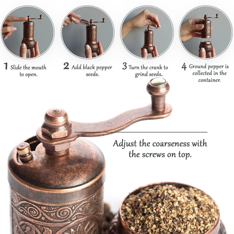 Crystalia Decorative Black Pepper Grinder, Refillable Turkish Spice Mill with Adjustable Coarseness, Manual Pepper Mill with Handle, Spice Grinder Metal with Hand Crank, Copper - Image 2